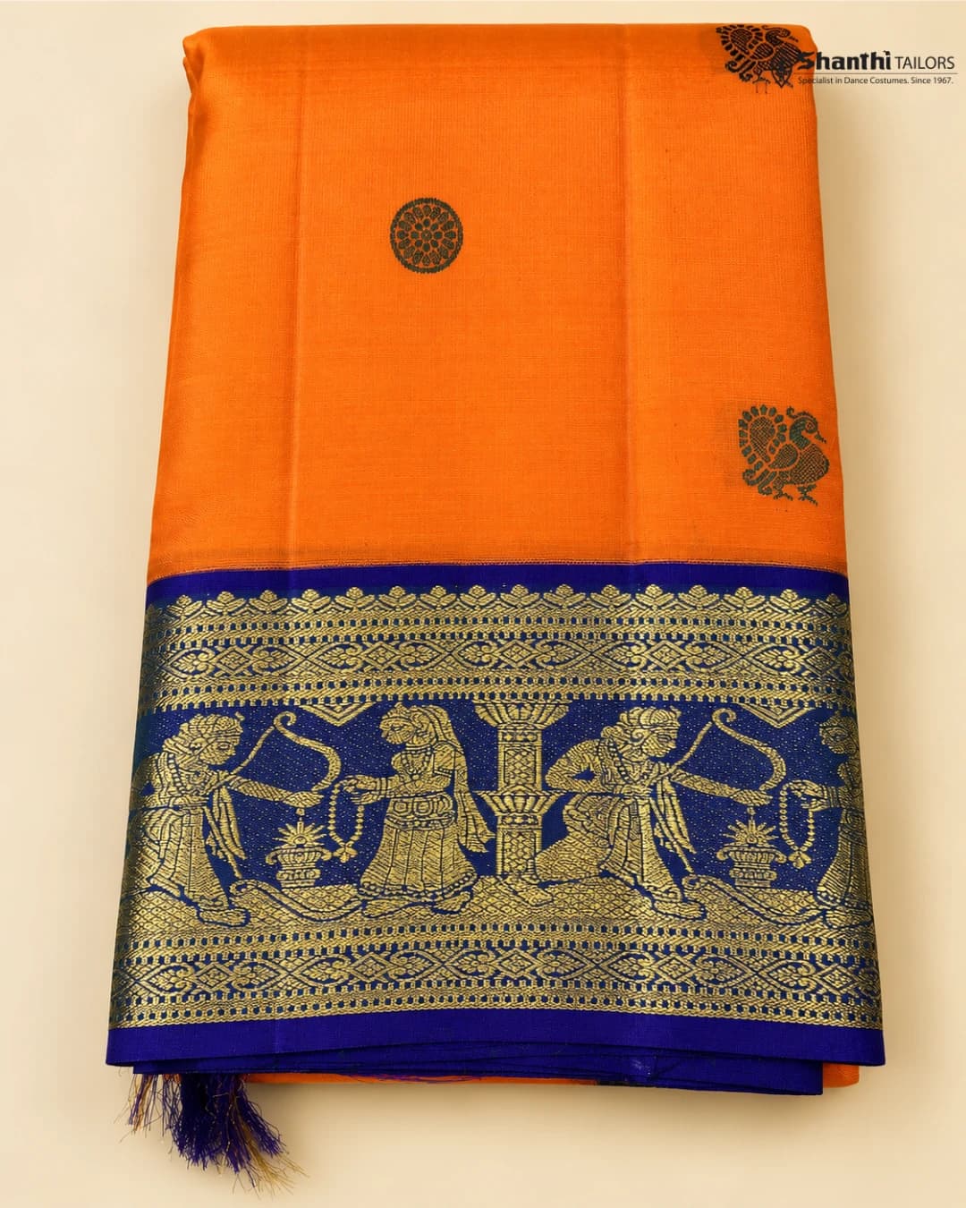 Orange Kanchipuram Silk Saree with Royal Blue Border